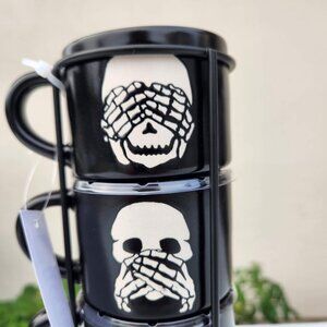 NEW Ceramic Skeleton Espresso Mugs Mug Set of 4 Stacking Stackable Black Stonewa
